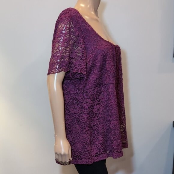 3/$20 Reitmans Purple Scoop Neck Lace Blouse Short Sleeve Pleated Top - Picture 7 of 9